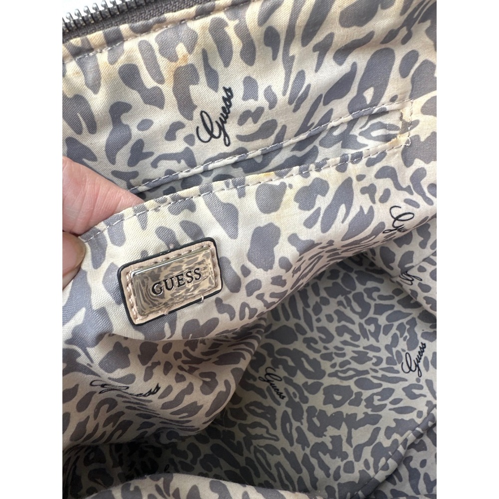 Guess Satchel Handbag Metallic Pewter Logo Embossed Tan Handles Leopard Lining - Picture 10 of 12